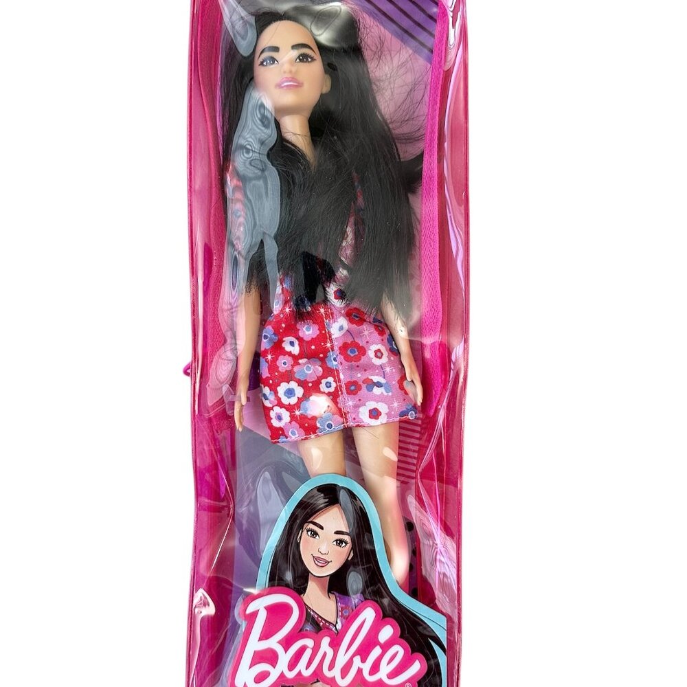 Barbie Fashionistas Doll with Long Black Hair & Color Block Floral Dress New